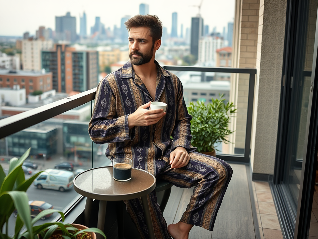 Un homme en pyjama tient une tasse sur un balcon avec une vue sur la ville, entouré de plantes.