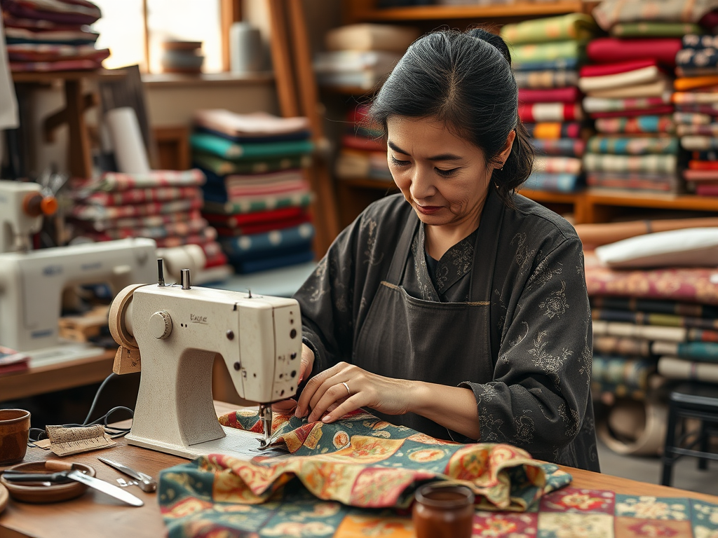 Une femme coud avec une machine à coudre, entourée de tissus colorés dans un atelier.