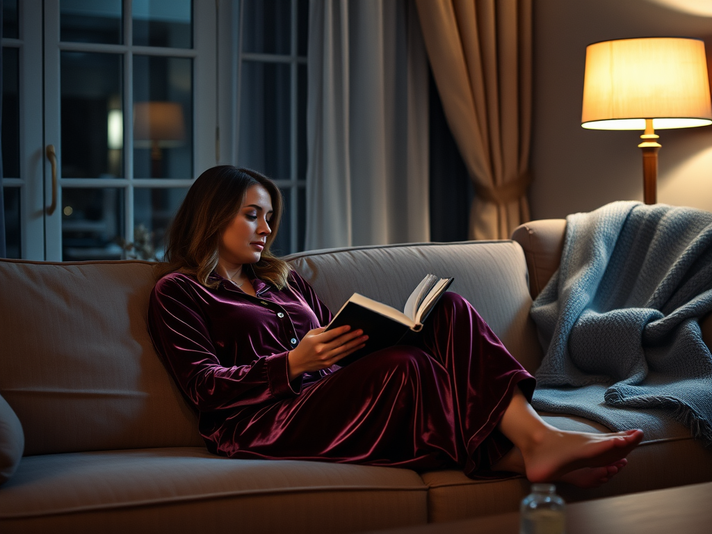 Une femme en robe de nuit lit un livre sur un canapé, éclairée par une lampe douce dans une ambiance calme.