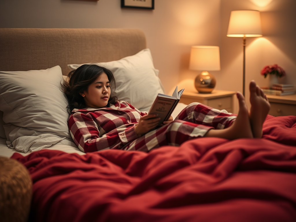 Une jeune femme en pyjama à carreaux lit un livre, allongée sur un lit avec des draps rouges et une lumière douce.