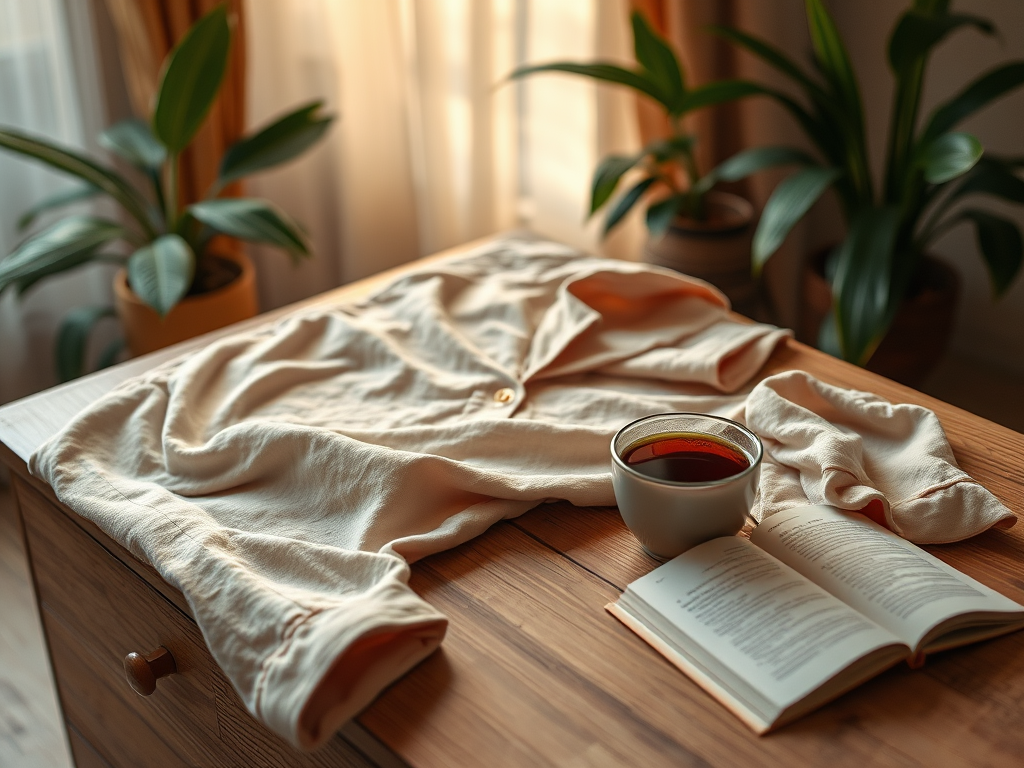 Un pull en crème, une tasse de thé et un livre reposent sur une table en bois avec des plantes en arrière-plan.