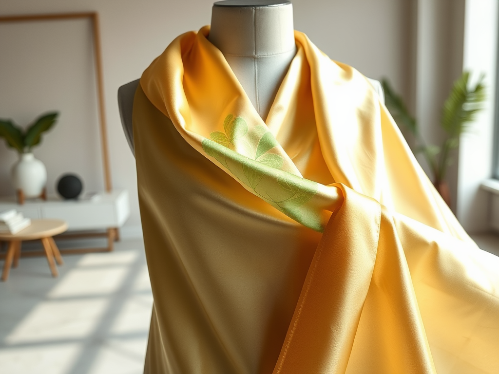 Une élégante écharpe en satin jaune avec un motif de feuilles vertes, drapée sur un mannequin.